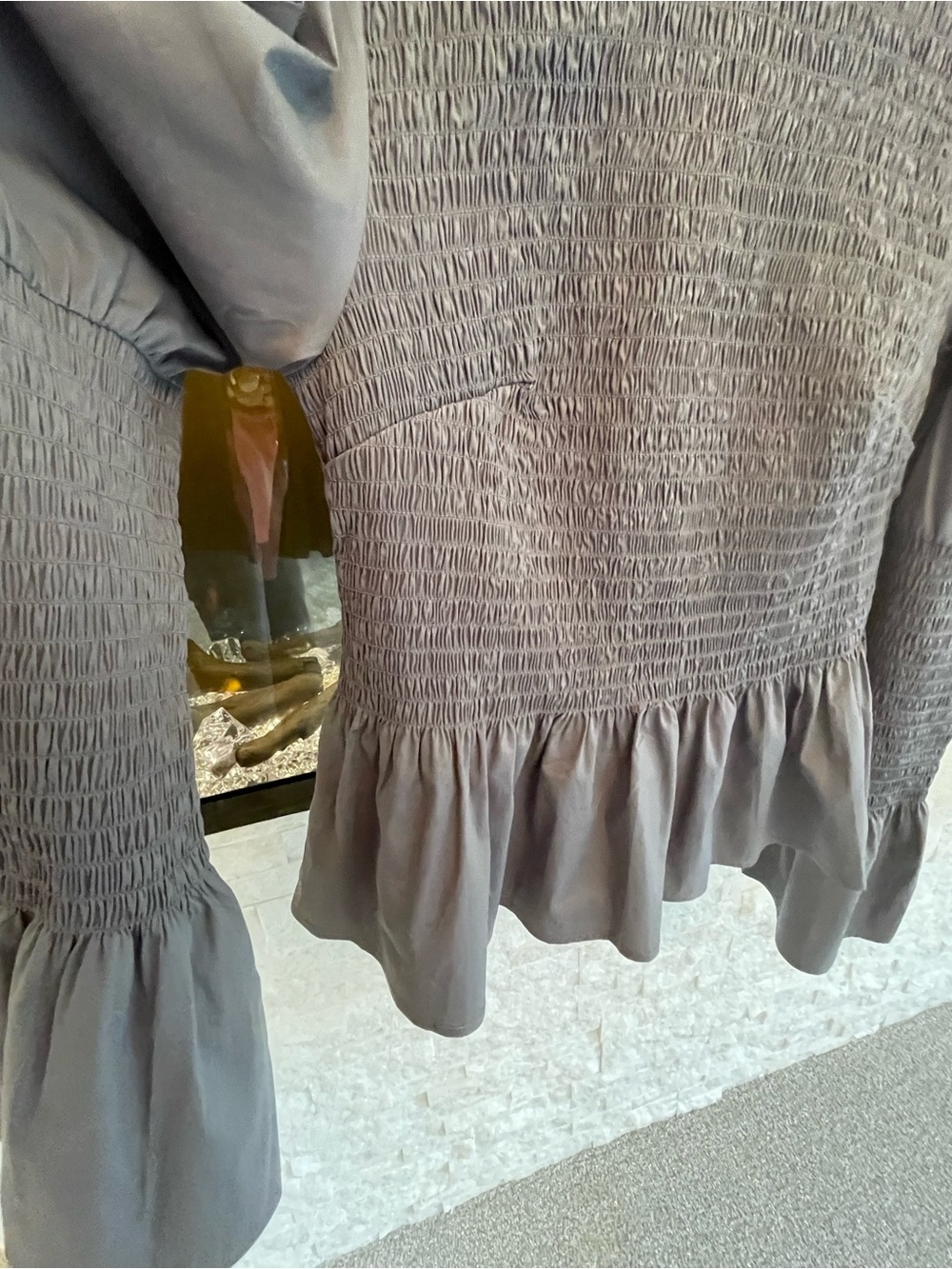 VENUS Gray Smocked Peplum Long Sleeve Blouse